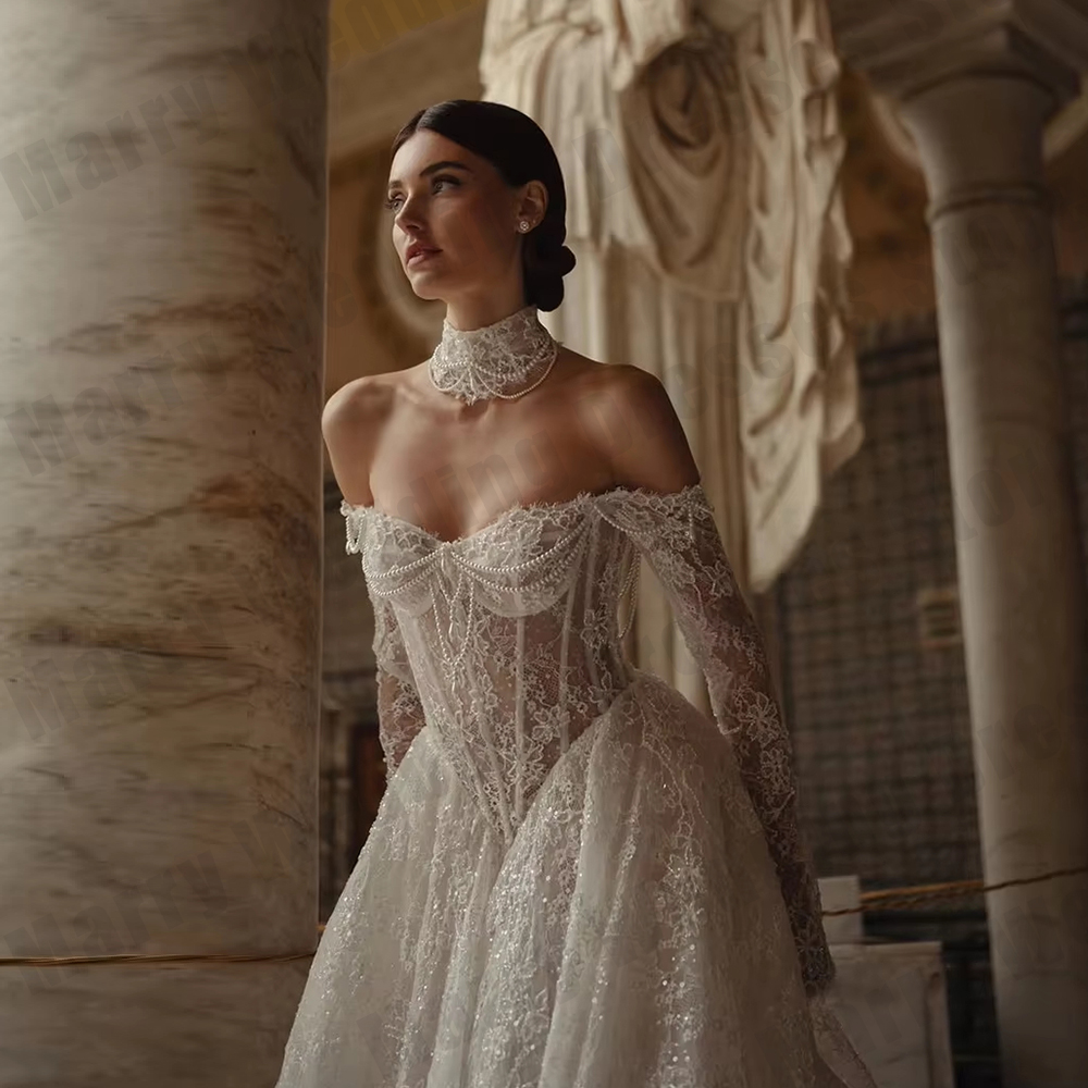2026 Elfenbein Spitzen-Brautkleider mit Herzausschnitt, A-Linie, elegante Brautkleider mit langen Ärmeln, individuell anpassbar, Robe de Mariée 2025