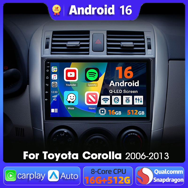 Radio Mobil Android 16, Navigasi, dan Multimedia Player untuk Toyota Corolla 2006 2007 2008 2009 2010 2011 2012 2013, Carplay Auto Stereo