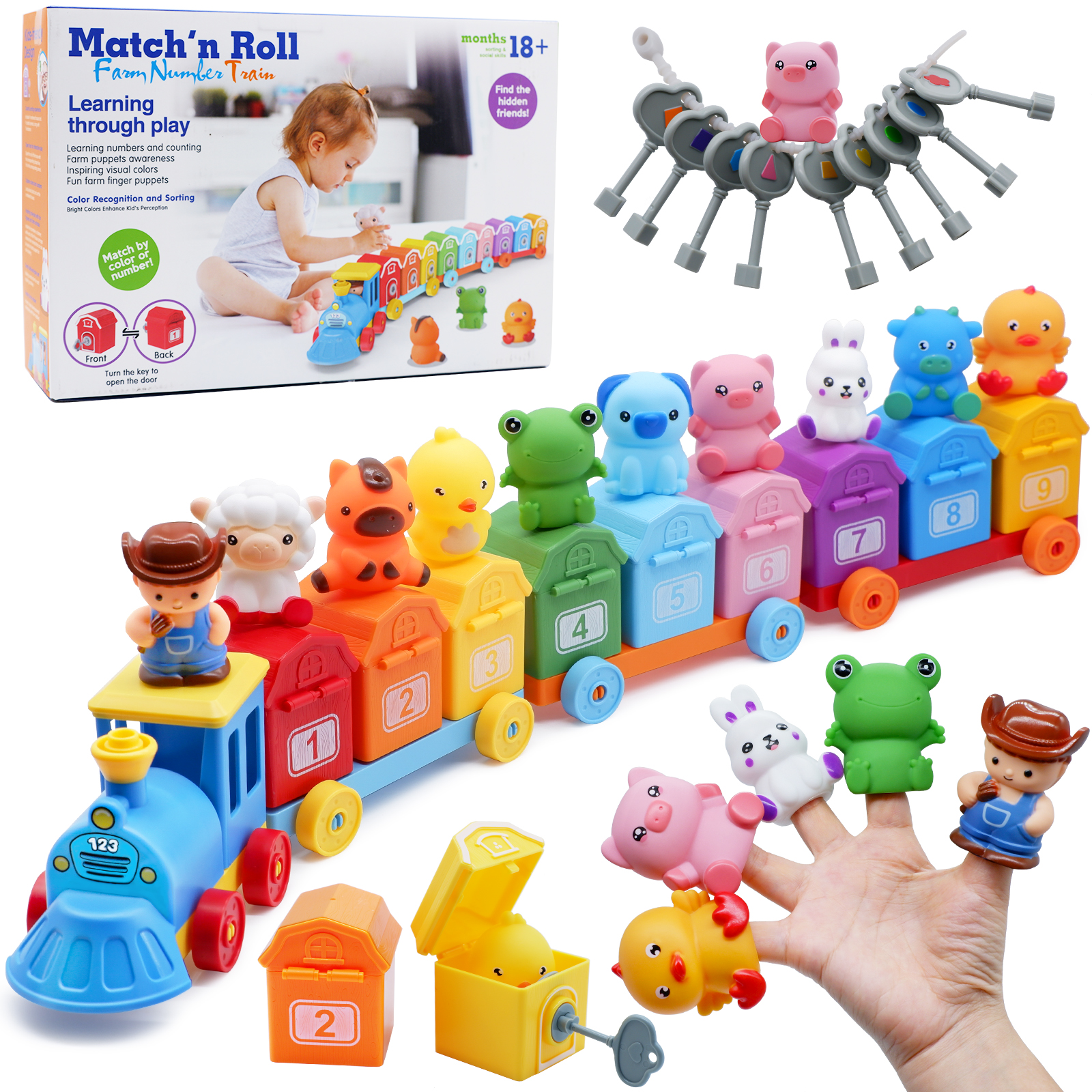 Montessori-Bauernhof-Zug-/Überraschungs-Party-Set für Kleinkinder, die Zählen lernen, passende und Sortierung von Feinmotorik, Spielzeuggeschenk im Vorschulalter