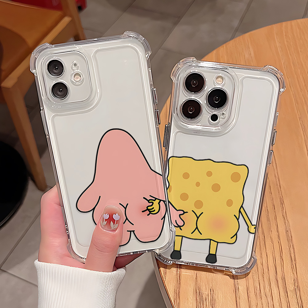 Casing Ponsel Pasangan S-spongeBobs Lucu untuk IPhone 16e 16 15 14 13 12 11 Mini Pro Max X XR XSMax 8 Plus Sampul Transparan Anti Jatuh