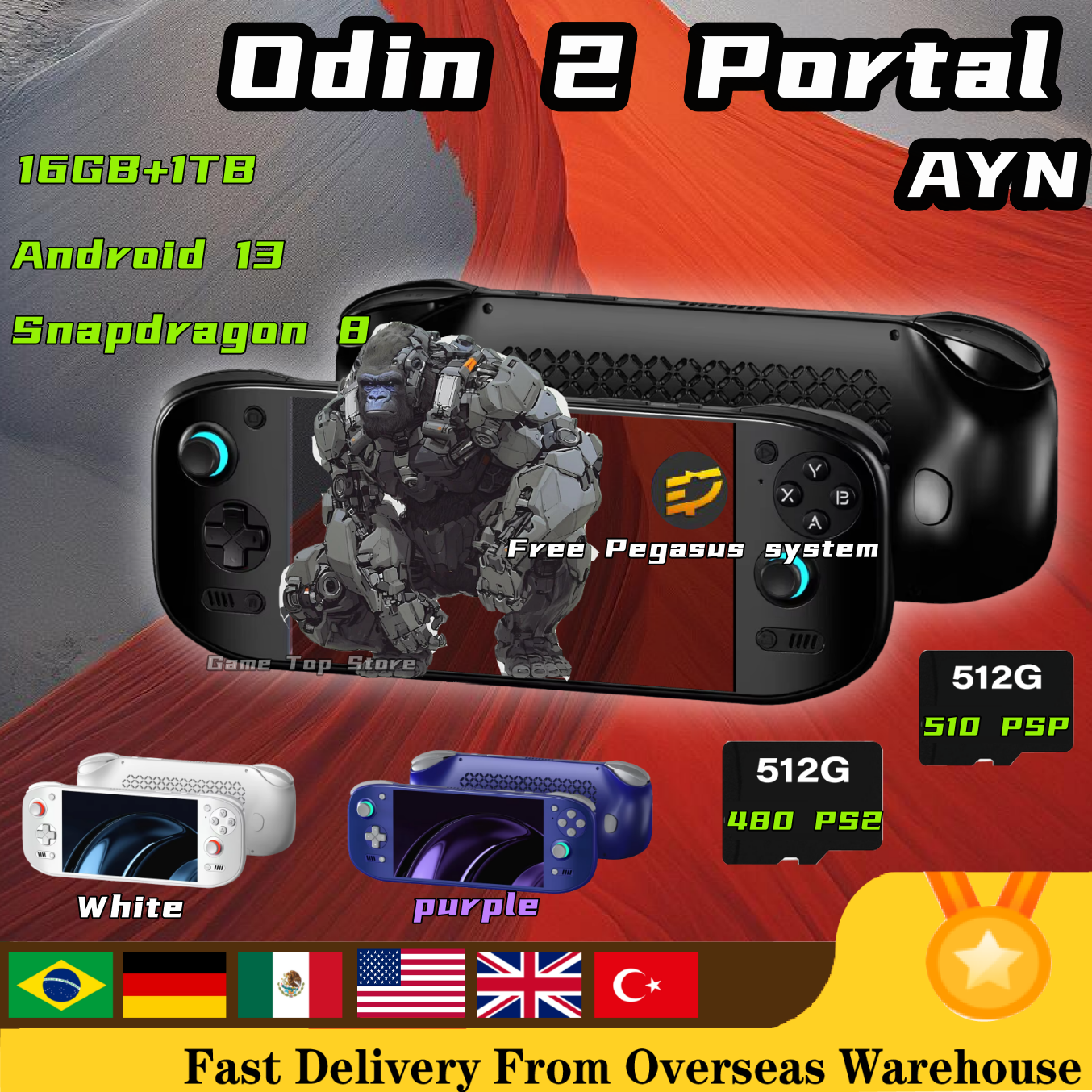 AYN Odin 2 Portal Retro Handheld Game Videospeler Console 7 Inch 120HZ Scherm Android 13 Bluetooth 16G+1TB PSP PS2 Cadeau 2 stuks