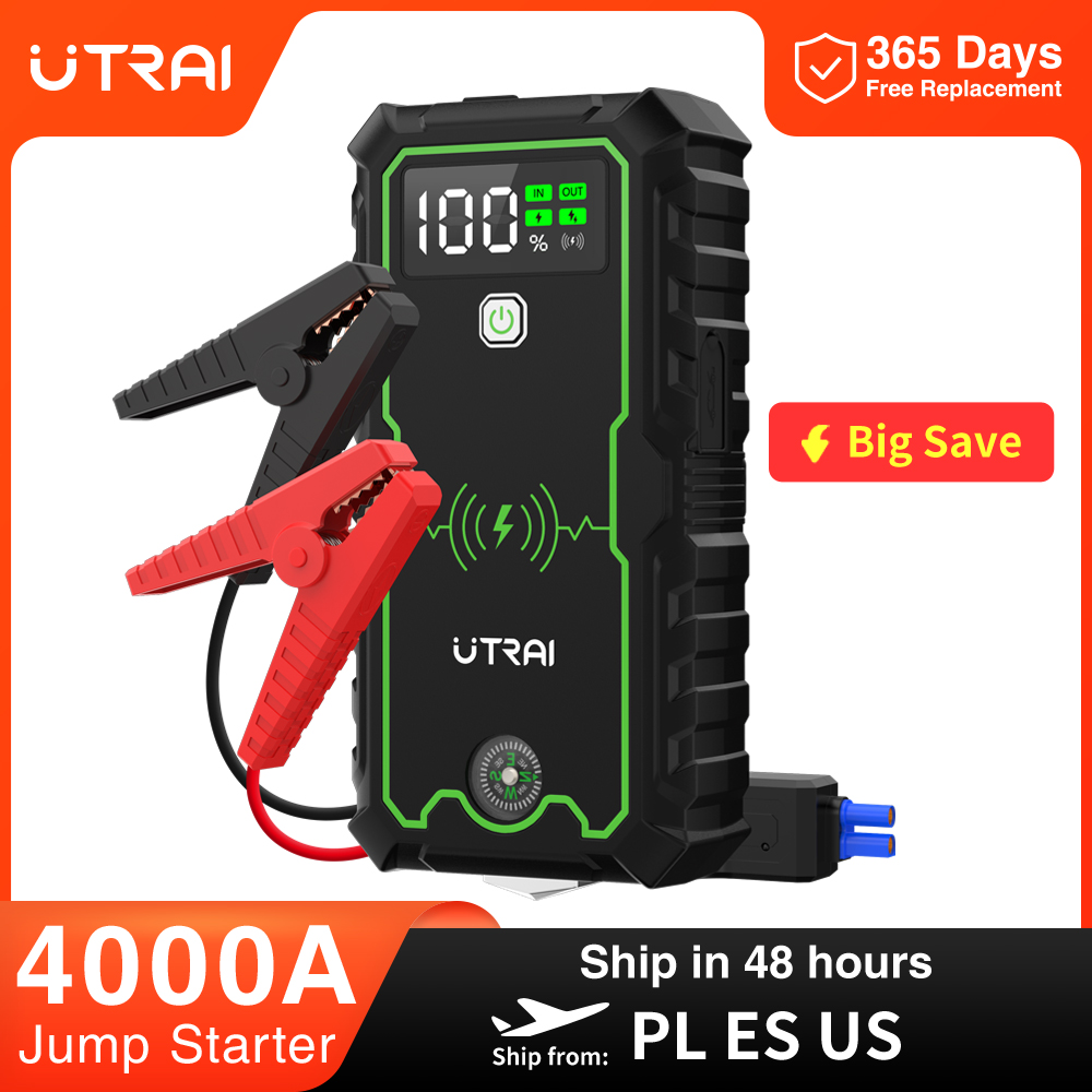 Arrancador de batería de coche UTRAI, arrancadores de batería de coche 4000A, Banco de energía portátil de 16000mAh, refuerzo de propulsión de carga inalámbrica de 10W para coche