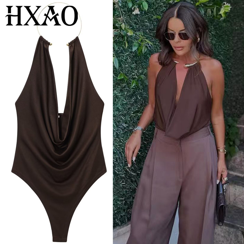 HXAO marron licou body femmes été body pour femmes Sexy épaules nues sans manches string body avec dos ouvert Rave body