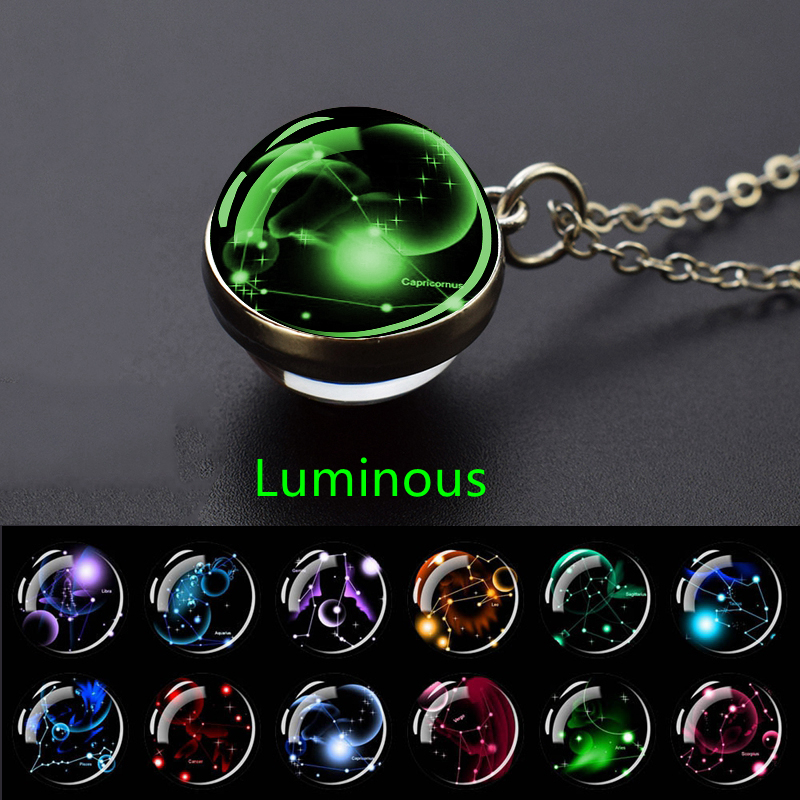 Kalung 12 Konstelasi Langit Berbintang Bola Kaca Zodiak Bercahaya Liontin Kalung Hadiah Natal untuk Pria Wanita