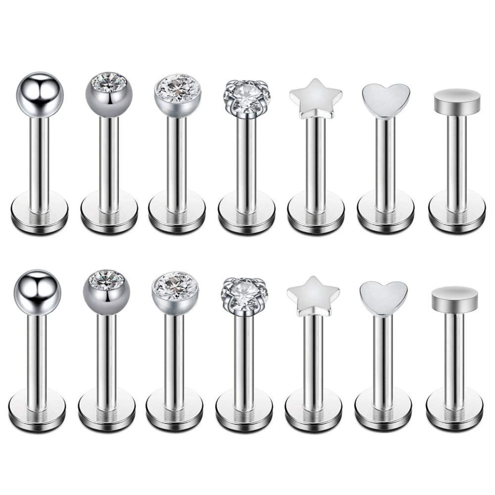 Boucles d'Oreilles Filetées à l'Intérieur en Acier, Générateurs Micro CZ Gem Top Tragus Helix Labret, 6mm, 8mm, 10mm, 12mm, 7 Paires, 16g