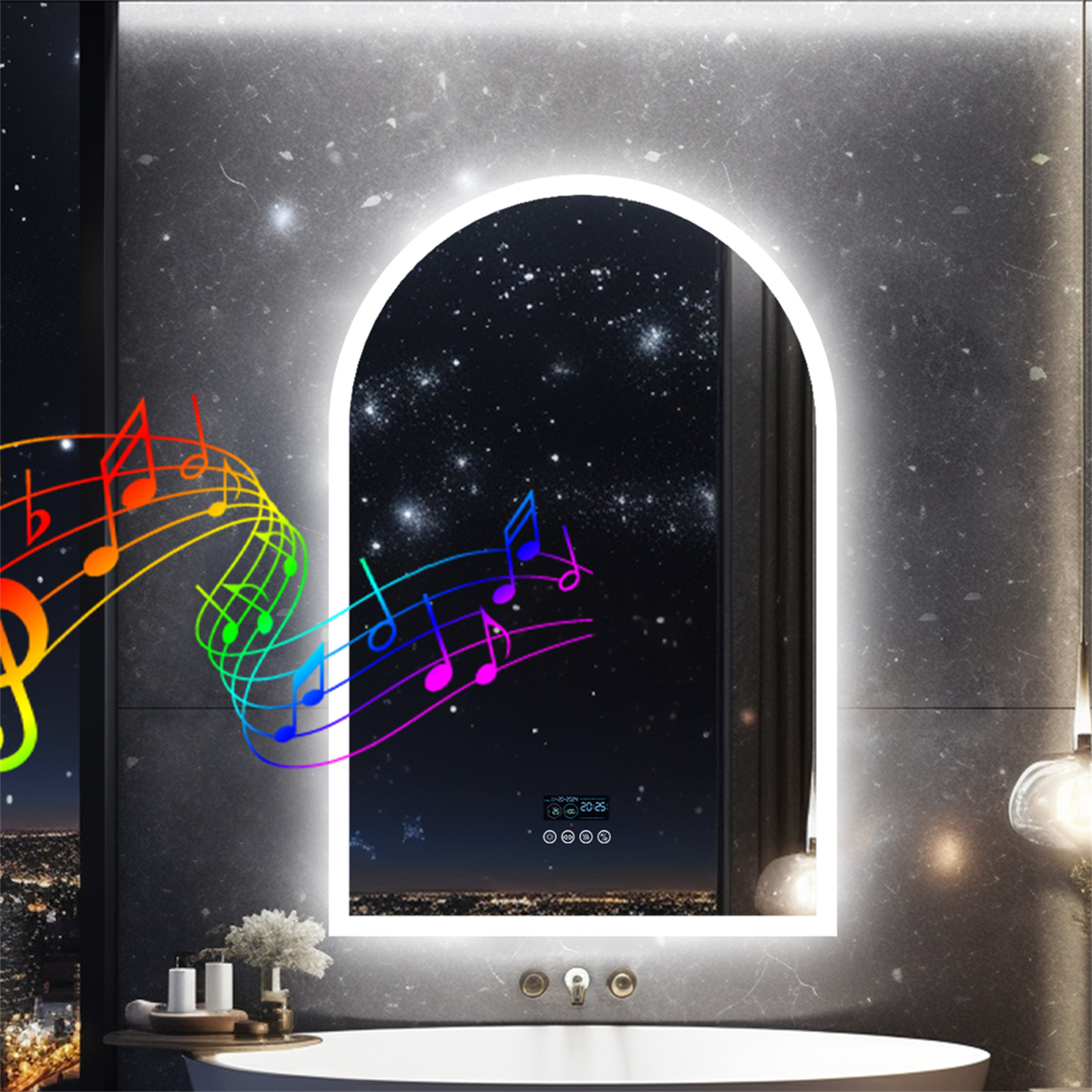 Cermin Kamar Mandi LED 60x90cm/ 23.62x35.43 "Cermin Dinding Lengkungan dengan Bluetooth, Dapat Diredupkan, Antikabut, Memori, Tampilan Suhu Waktu