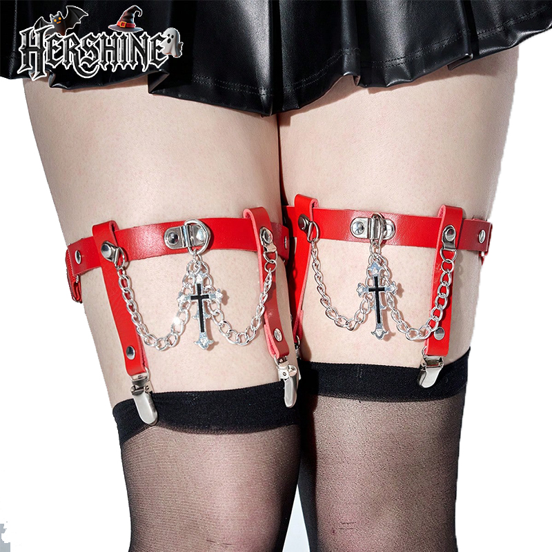Hershine 2 peças feminino vermelho strass cruz sexy gravata meias clipe y2k preto estilo punk boate diversão rock hip-hop dia das bruxas