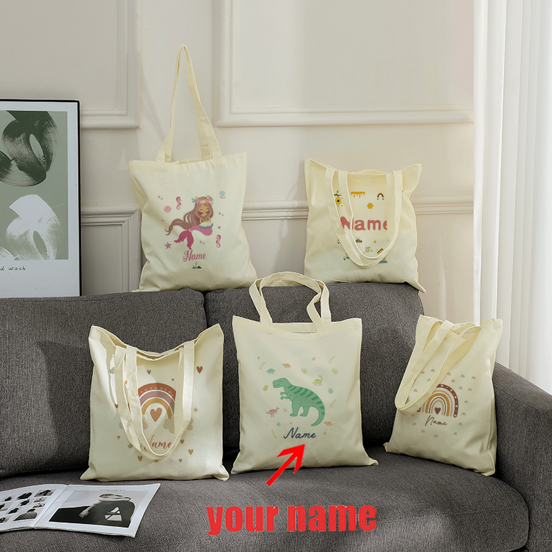 Customizable with Name Mermaid Cute Rainbow Clouds Pastel Dinosaur Canvas Shopping Bag Tote Bag Pouches Childrens Friends Gifts