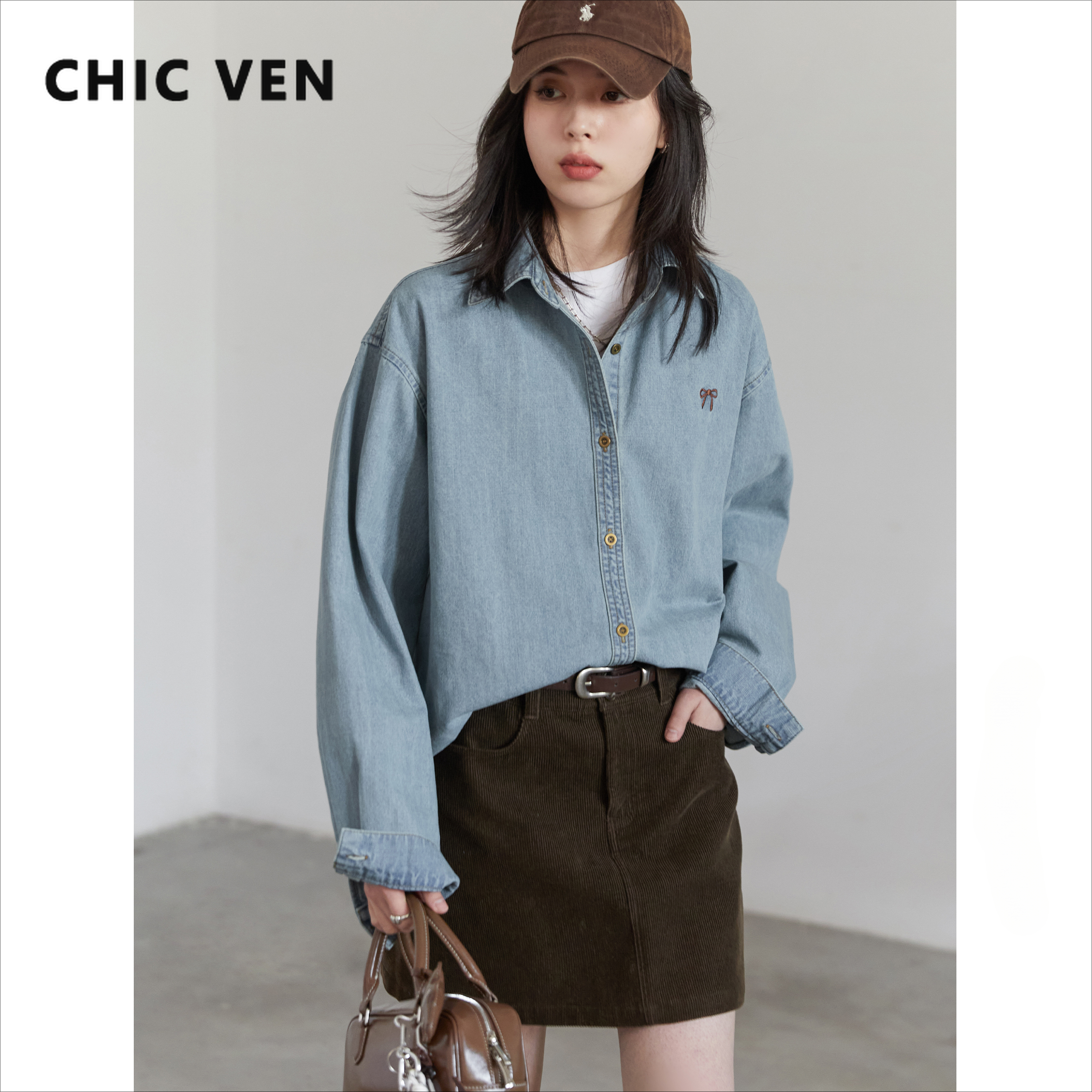 CHIC VEN Koreanische Weibliche Blusen Lose Einreiher Bogen Gesticktes Denim Hemd Blaues Hemd für Frauen Mantel Frühling Herbst 2025
