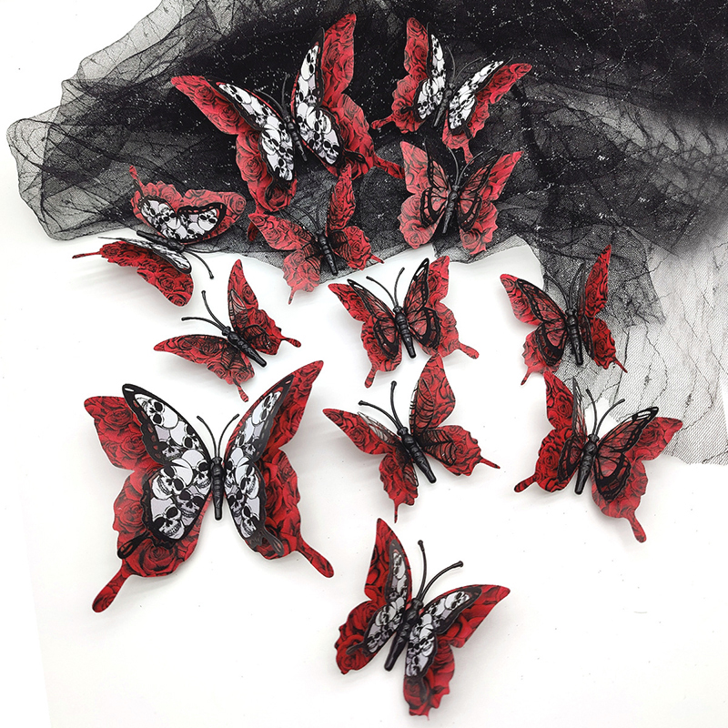 12pcs Blood Rose Butterfly 3D Halloween Wall Sticker PVC Double-Layer Butterfly Party Decor Self Adhesive Wallpaper Stickers