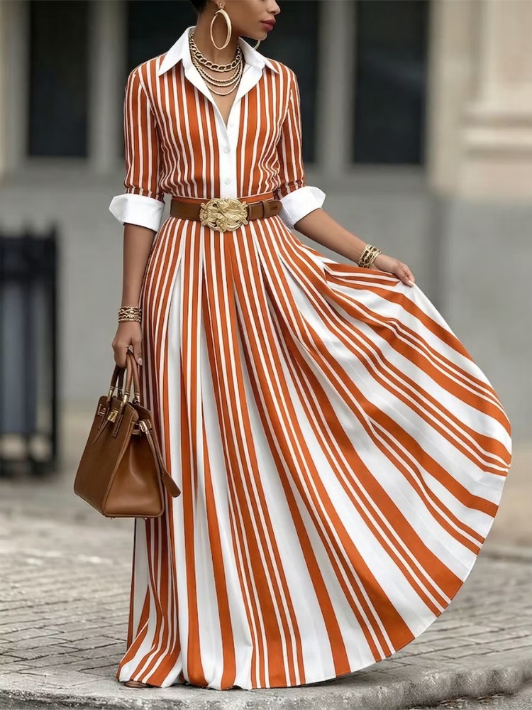 Yeezzi Women's Contrast Color Striped Lapel Shirt Dress Long Sleeves High Waisted Elegant Office Casual Maxi Dresses No Belt