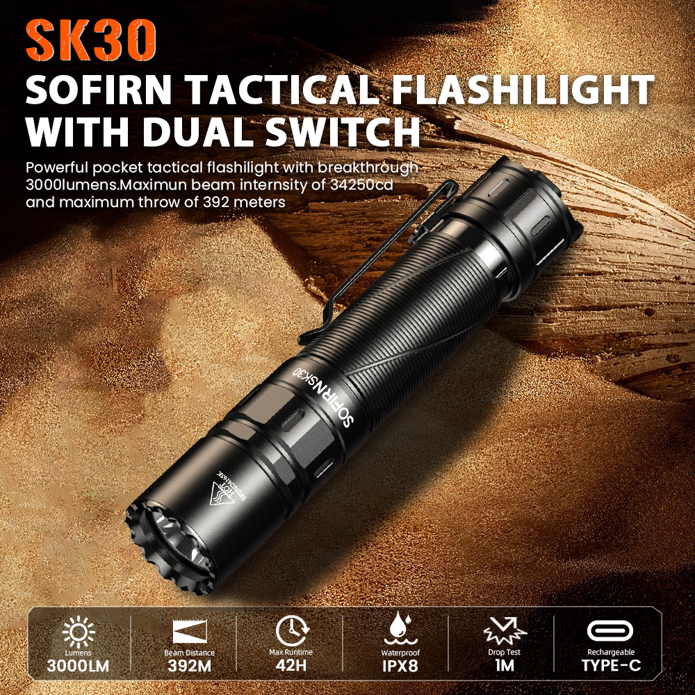 Тактический фонарь SOFIRN SK30 2800LM с LED-лампой SFT70, 6500K, аккумулятор 21700, USB-C зарядка, двойной переключатель (наличие на складе)