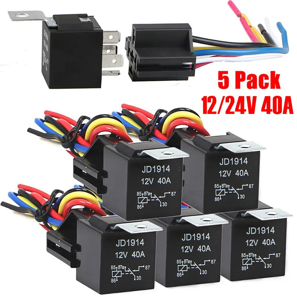 Relé automotriz impermeable de 5 uds., 12V, 24V, 5 pines, 40A, relé de coche con Terminal de cobre rojo y negro, enchufe de relé automático, Cable de arnés SPDT