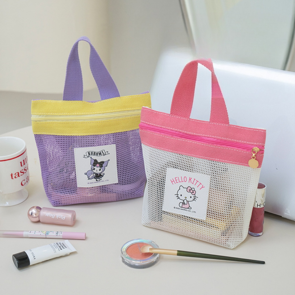 Sac en maille Sanrio Hello Kitty, sac fourre-tout portable avec fermeture éclair, sac à main mignon de dessin animé pour femmes et enfants, usage quotidien