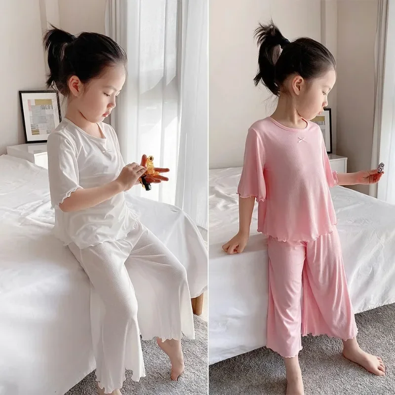 Conjuntos de Verão para Meninas, Conjunto de Manga Curta em Seda Fria, 2 Peças, Roupas de Casa para Meninas de 2 a 10 Anos, Pijamas em Cores Sólidas