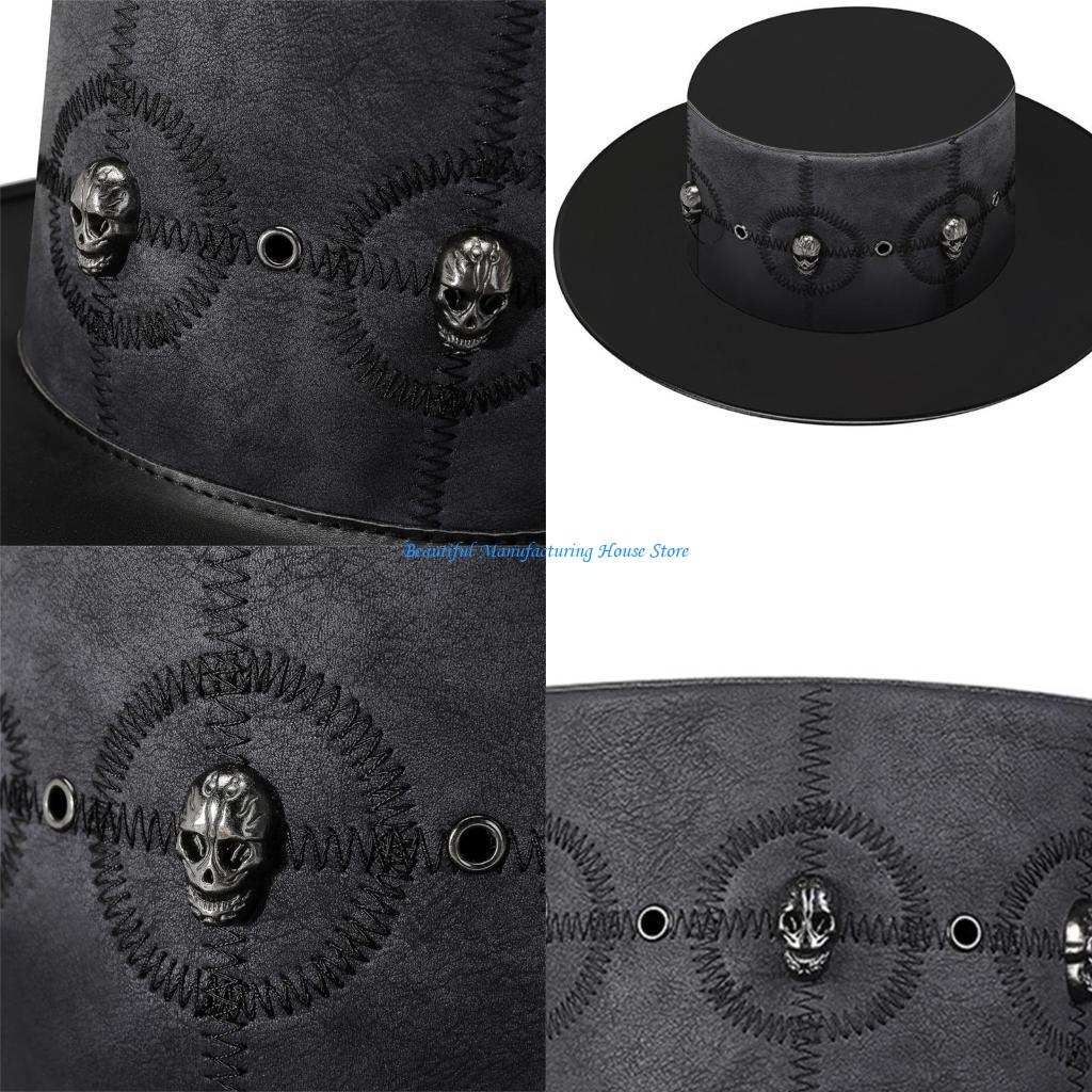 E56A Steampunk cylinder kostium na Halloween Cosplays Gothic akcesoria imprezowe rekwizyty czarny kapelusz z imitacji skóry dla