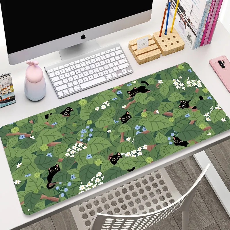 Grand tapis de souris chat vert noir, 400x900MM, XXL, pour Gamer, Table de bureau, plantes Kawaii, accessoires de jeu