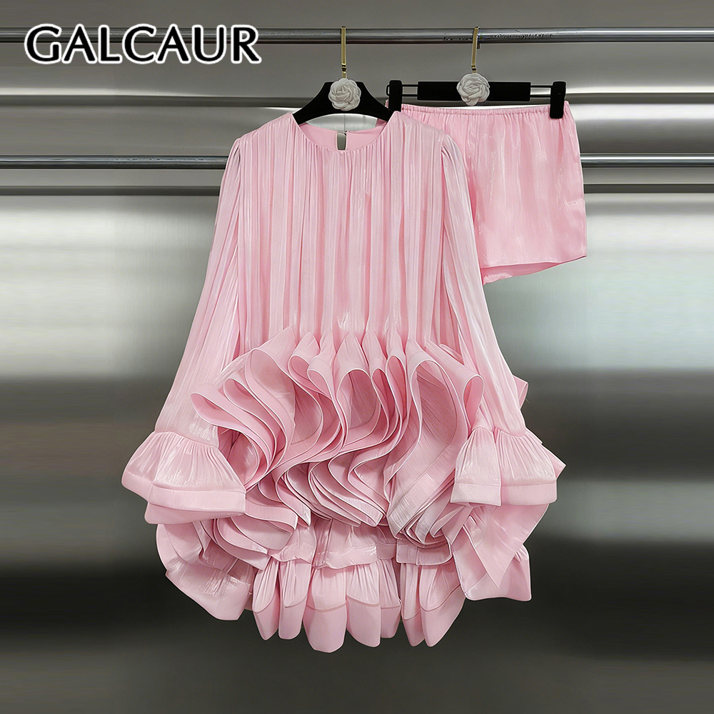 GALCAUR Effen losse elegante mini-jurk voor dames Ronde hals Lange mouwen Patchwork Mesh Chique jurken Vrouwelijke mode Nieuwe stijl