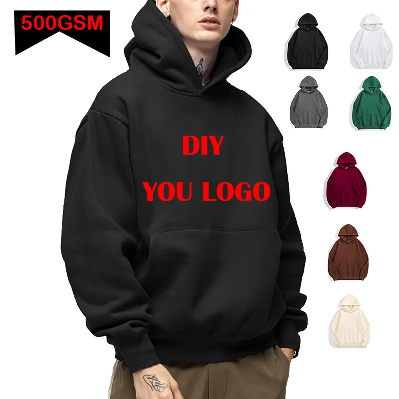 Diy personalizado seu logotipo da marca 500gsm peso pesado novo outono inverno casual grosso algodão masculino topo cor sólida hoodies moletom