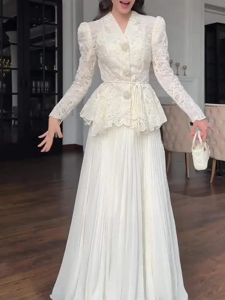 Elegancka sukienka bankietowa z wysokim stanem i falbanami, modna sukienka damska z długim rękawem na przyjęcie, seksowna biała sukienka wieczorowa z haftem koronkowym, wyszczuplająca.