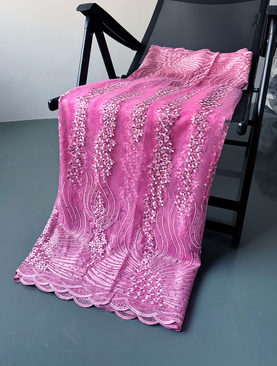 Plain Pink Textured African French Net Lace with Stones Modern Traditional inspired Mesh Fabric for Aso Ebi