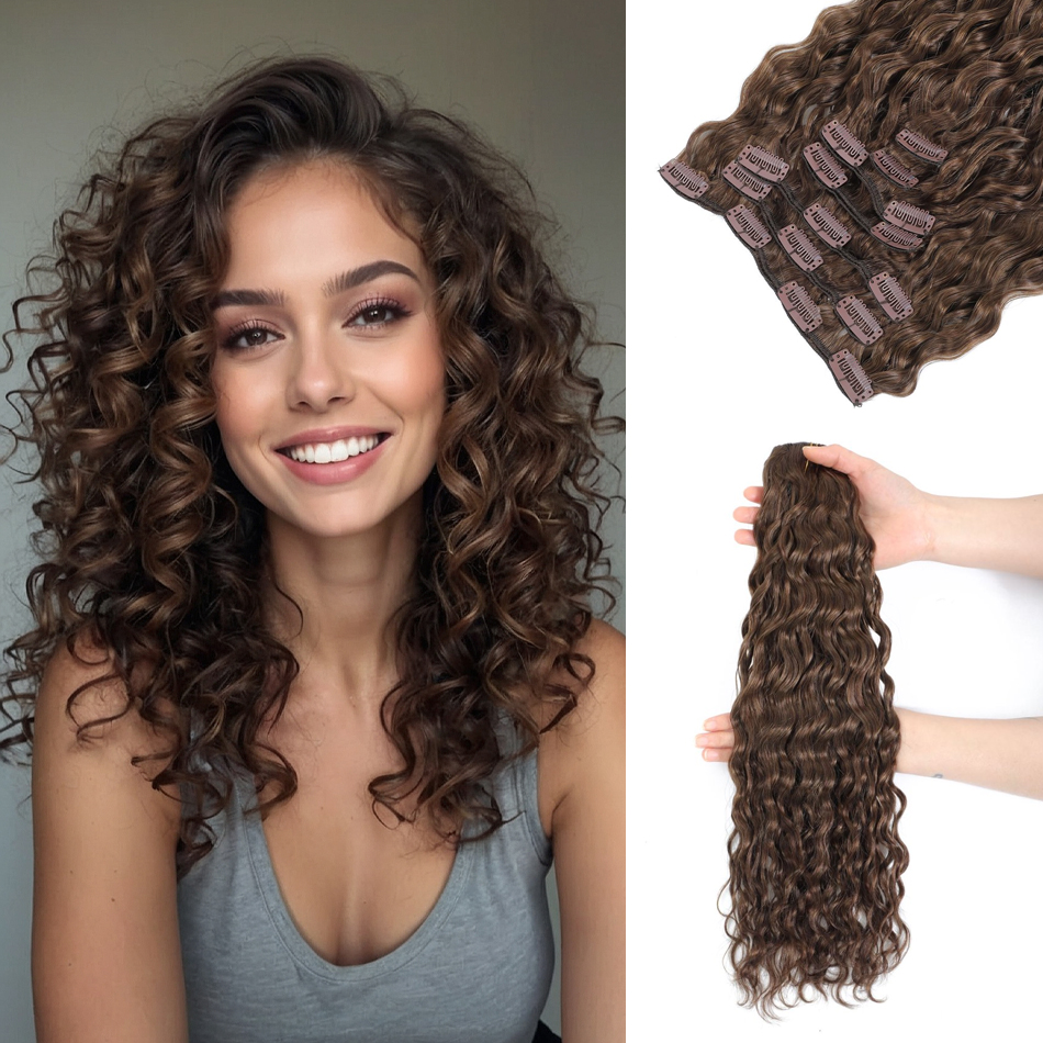 Extensions per capelli ricci con clip 12A, castano, effetto onda d'acqua, in vero capello umano Remy, per donna, 7 pezzi, 120g