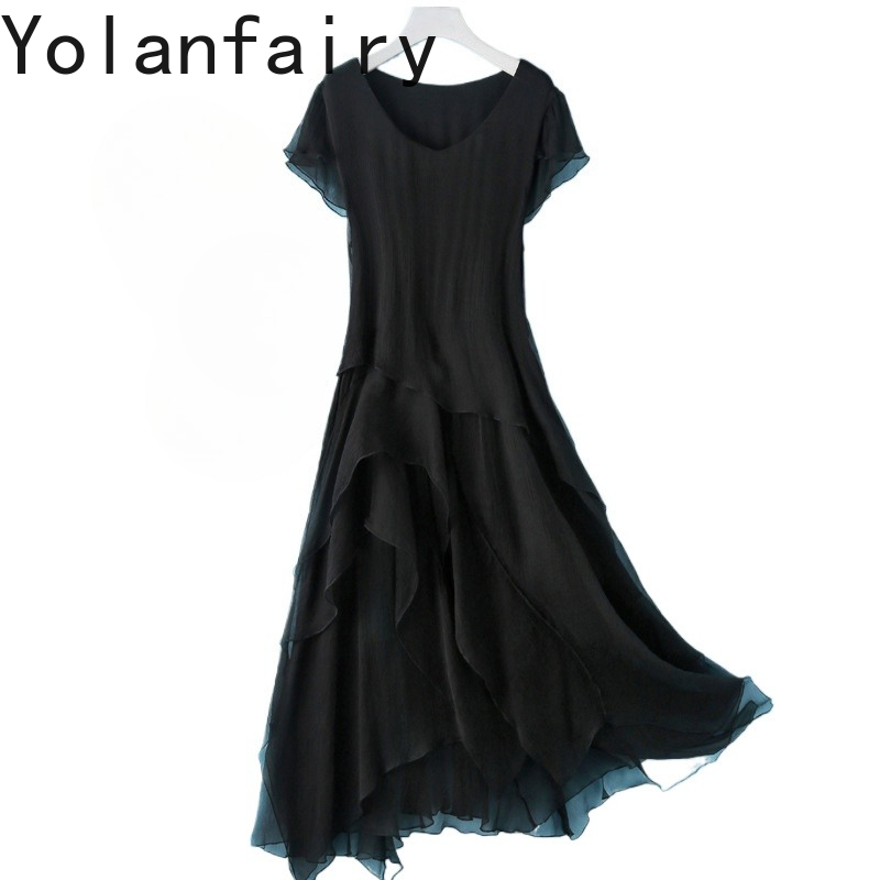 YOLANFAIRY Vestidos de Seda de Morera 100% Real para Mujer, Verano 2026, Vestido Elegante de Manga Corta, Ropa de Mujer, Vestido Largo con Vuelo