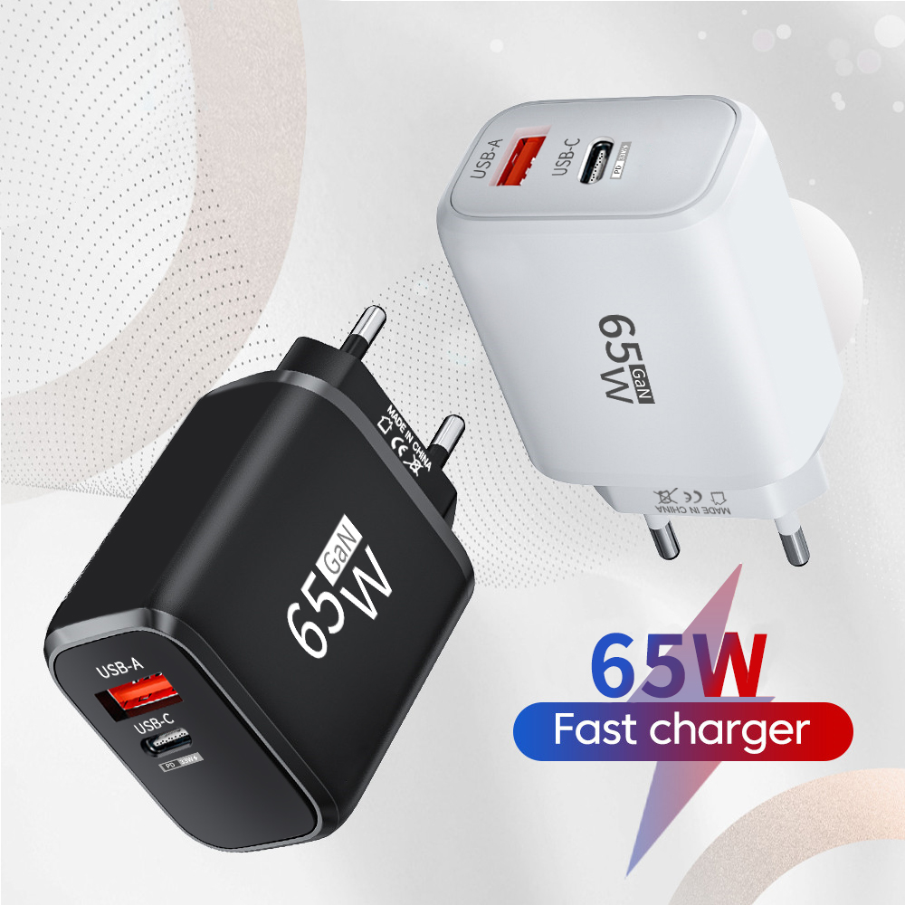 PD 65W GaN 2 in 1 EU/US 플러그 USB 충전기 듀얼 포트 USB 타입 C 고속 충전 벽면 충전기 휴대용 빠른 충전 전원 어댑터