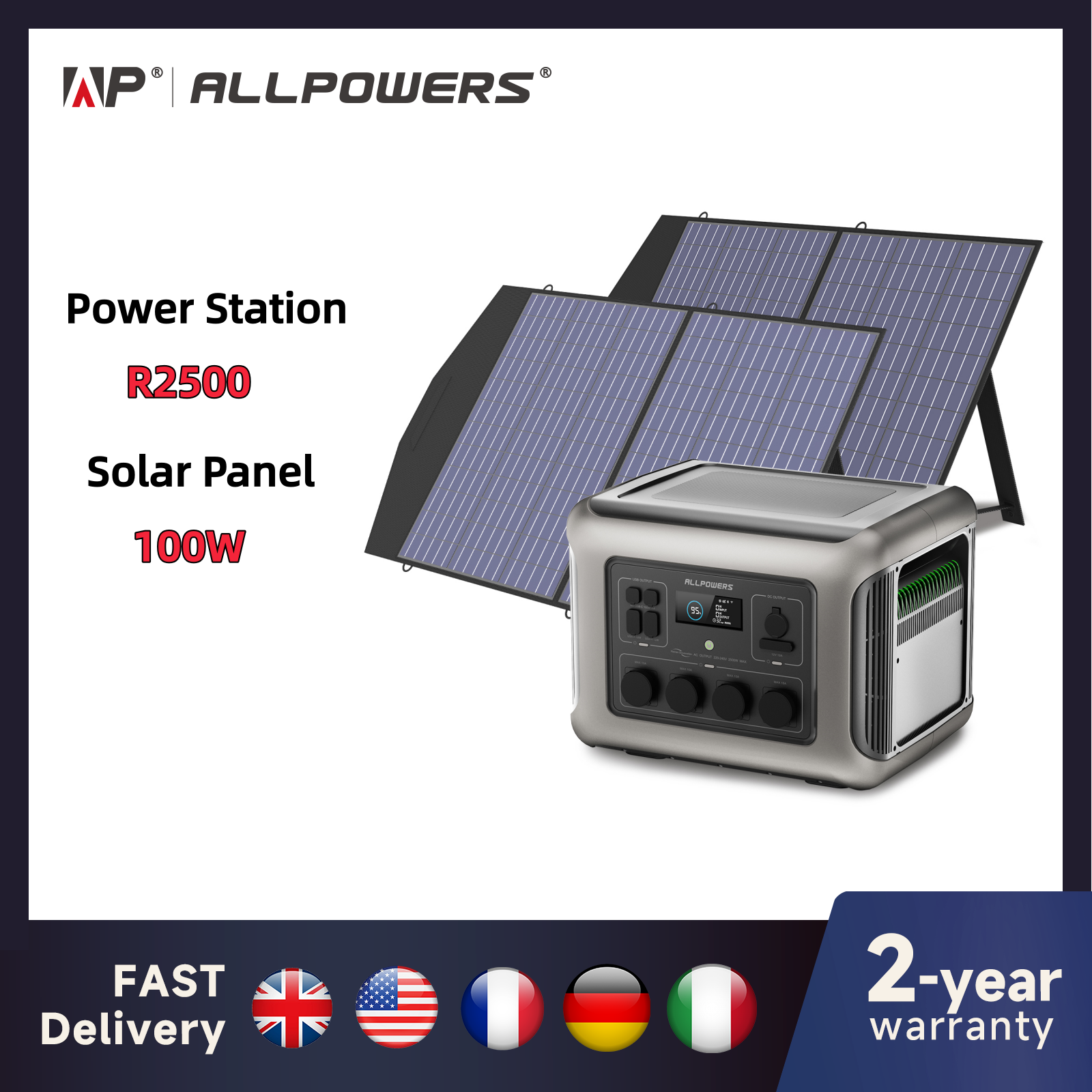 ALLPOWERS R2500 Солнечный генератор 2500 Вт (4000 Вт пиковая), портативная электростанция LiFePO4 2016 Втч с солнечной панелью 4 розетки переменного тока для дома
