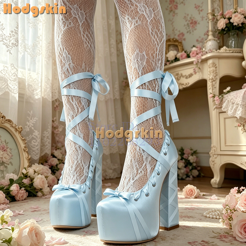 Sepatu Platform Biru Muda Manis dengan Tali Silang, Ujung Bulat, Hak Kotak, Sandal Elegan untuk Wanita, Sepatu Fashion untuk Gaun, 2024 Lolita