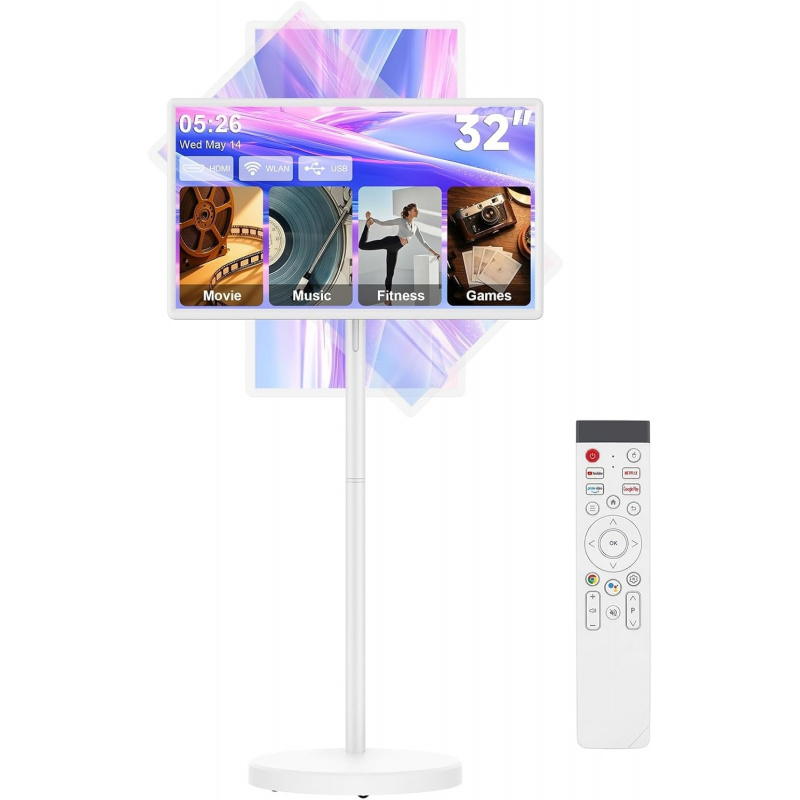 32インチスマートポータブルテレビ、FHDタッチスクリーンモニター（ホイール付き）、音声リモコン、ワイヤレス可動ディスプレイ、360度回転 °   スイベルロ