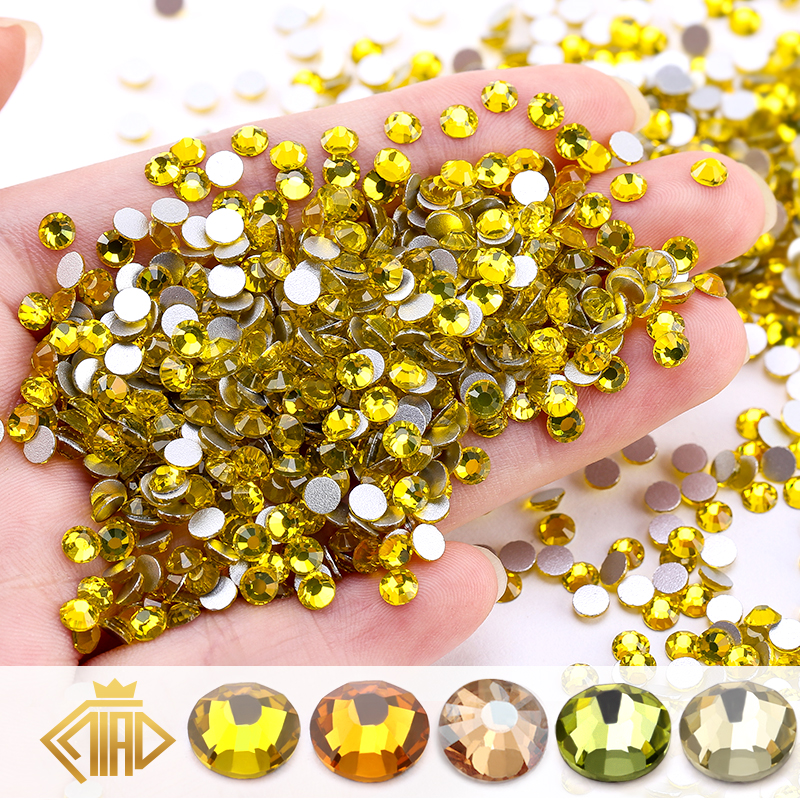 Glitter คริสตัล Rhinestones Non Hotfix SS6-SS30สีเหลือง FlatBack Strass Rhinestones เย็บผ้าตกแต่งเล็บ
