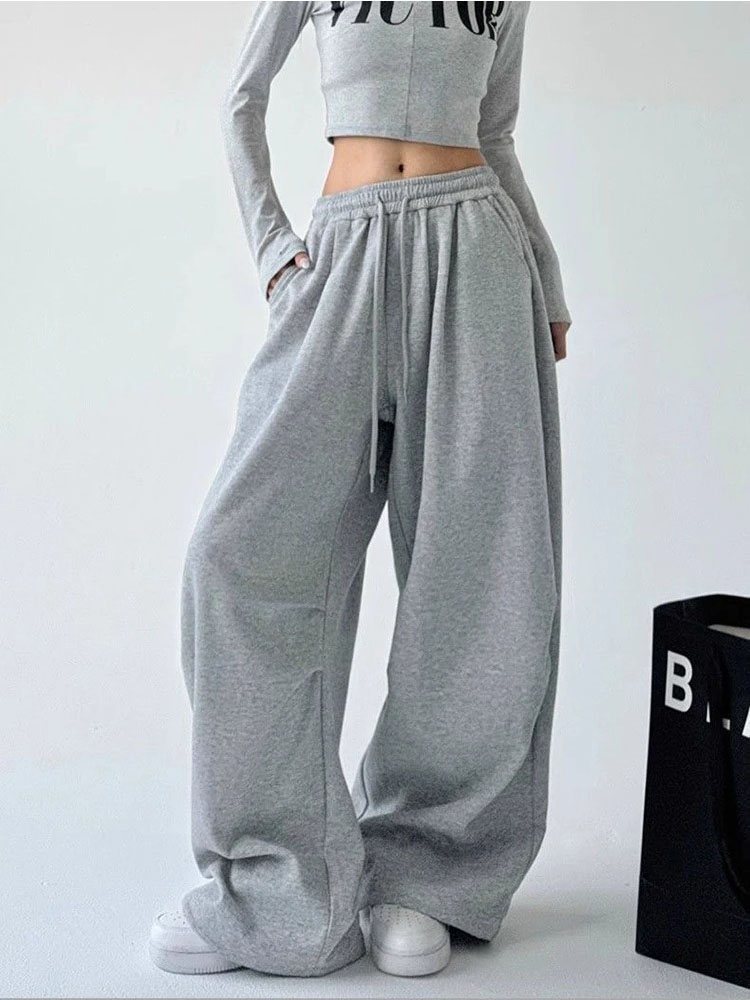 Y2K Harajuku Weite Jogginghose für Damen, Streetwear Baggy Oversize Graue Sporthose mit Hoher Taille und Kordelzug, Lässige Jogger-Hose