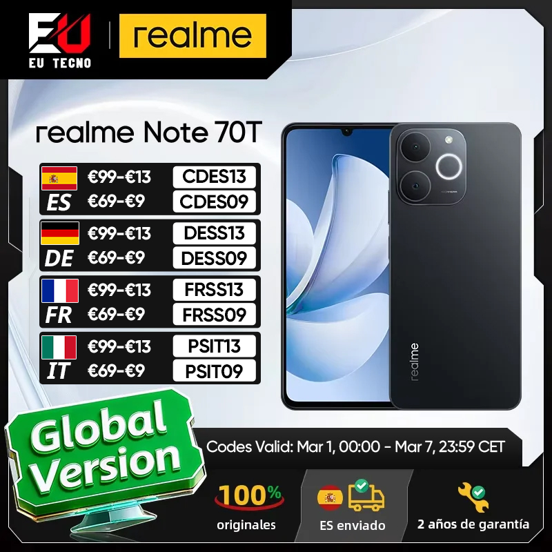 Versão global realme note 70t smartphone 6.75 polegadas tela 90hz 6000mah bateria 13mp al câmera octa-core chipset ip54