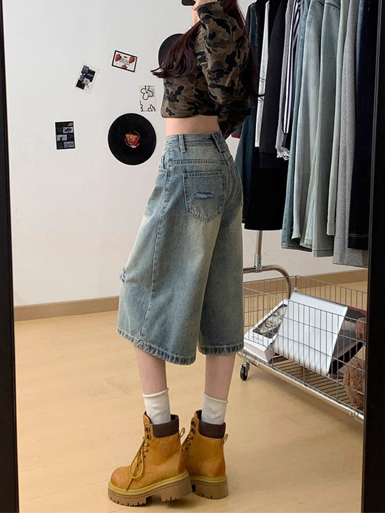 Light Wa High Waist Ripped Denim Seven-Five orts Women Summer New Loose Small Size Large Code Wide Leg Thin Middle Pants