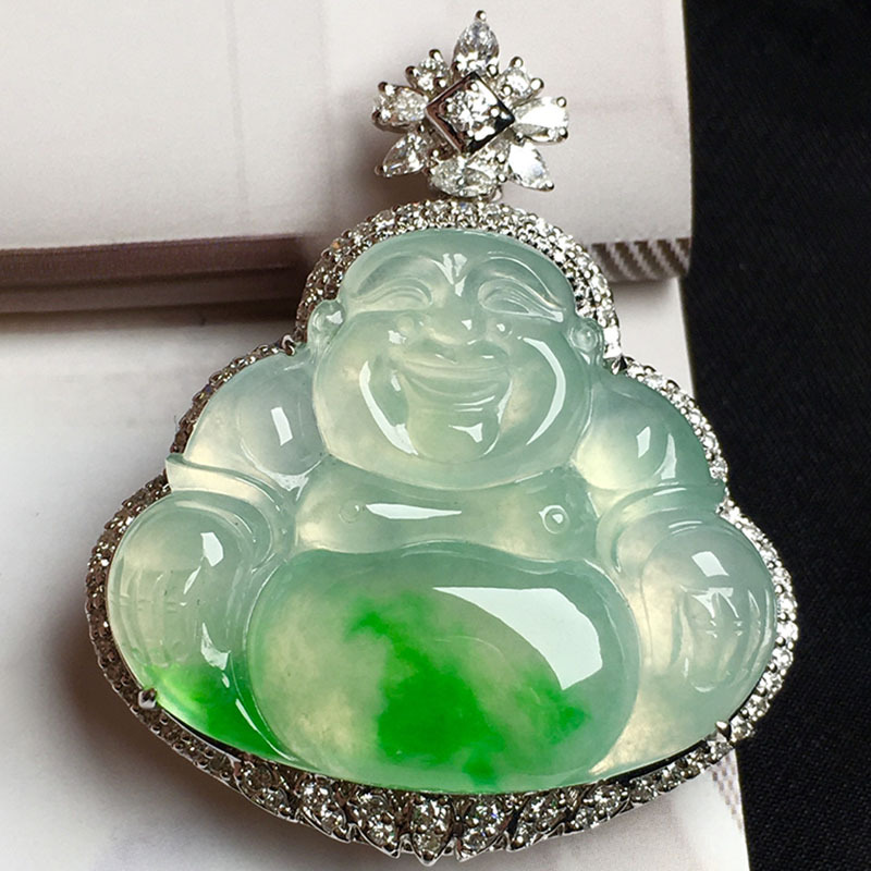 Colgante de Buda verde flotante de hielo alto, Jade con incrustaciones de oro de 18KG, colgante de Buda de Jade transparente de hielo húmedo exquisito y delicado