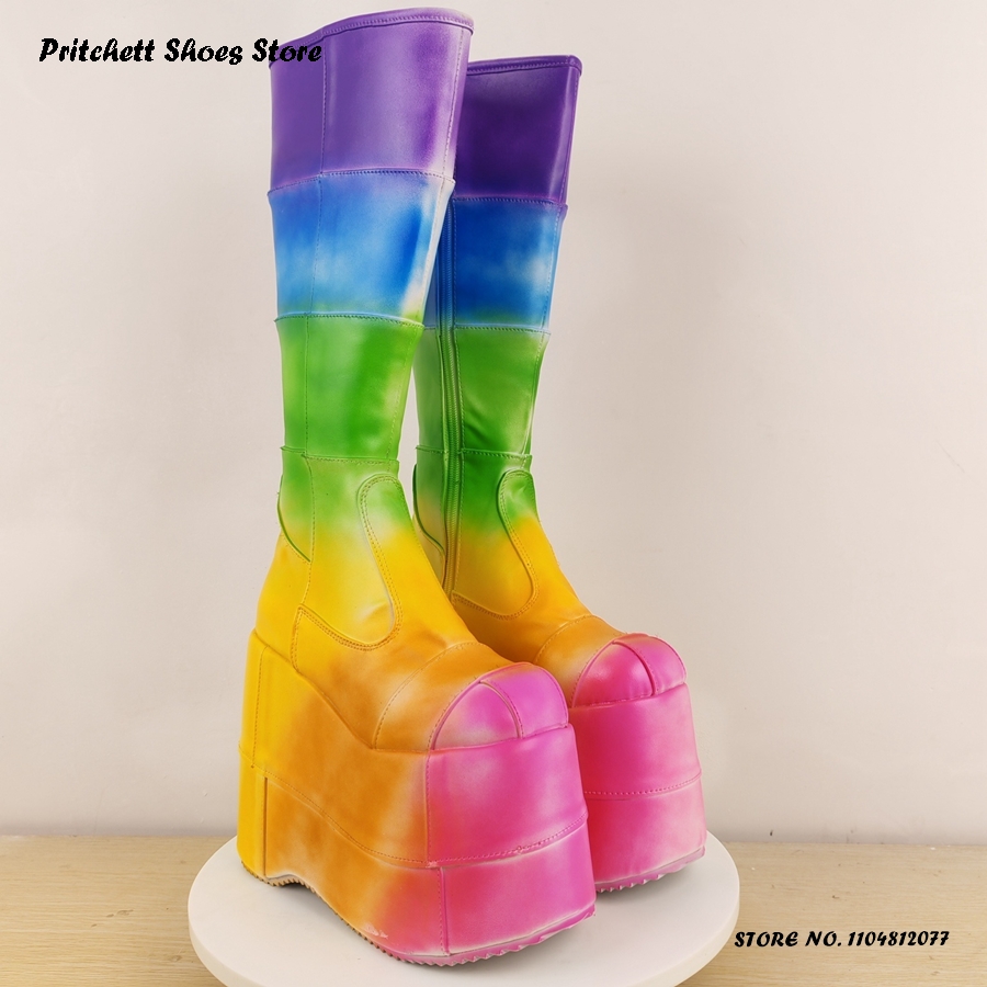 Kniehohe Stiefel mit Regenbogen-Plateau für Damen, runde Zehen, Keilabsatz, höhenvergrößernde Schuhe, Frühling und Herbst, seitlicher Reißverschluss, trendige hohe Stiefel