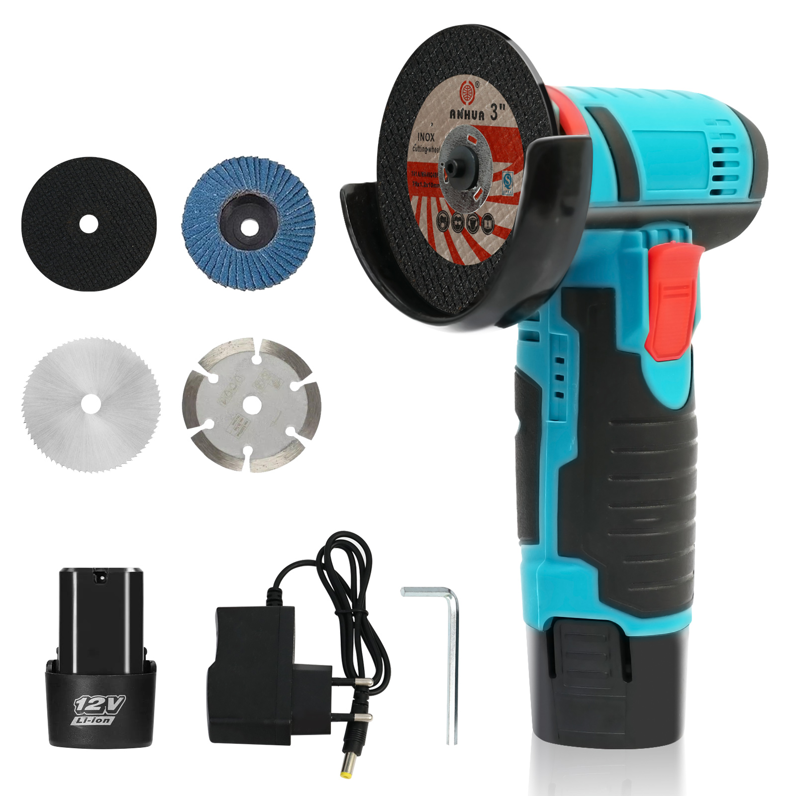 Angle Grinder Cordless Grinder Car Polisher Electric Brushless 12V 16800RPM 5 Discs with 2 Battery 2.0Ah n Charger Strong Power