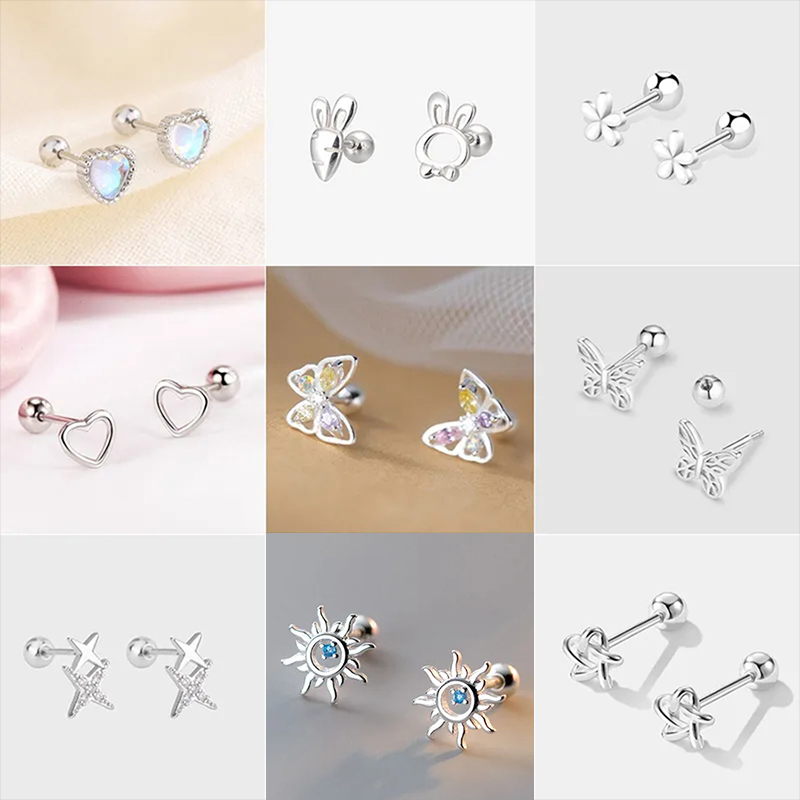Pendientes coreanos de plata 925 con aguja para mujer, Piercing para el trago, hélice, 2 uds., mariposa, corazón, Piercing para la oreja, joyería para el cuerpo