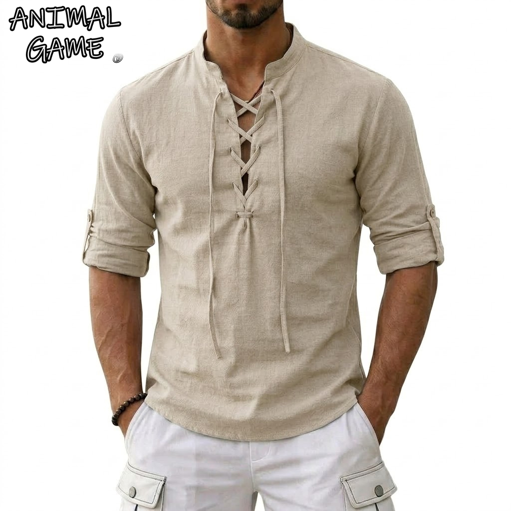 Camisetas de Linho de Manga Longa para Homens, Estilo Medieval Vintage Viking, Camisas de Algodão para Fantasias de Halloween, Tops Respiráveis, Camisas de Yoga