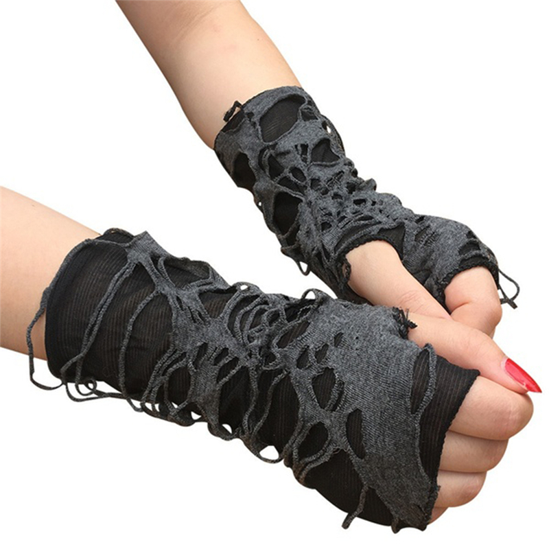 Gants de cosplay gothiques sexy pour adultes, fente cassée, noir, trous déchirés, sans doigts, accessoires de mode, Halloween