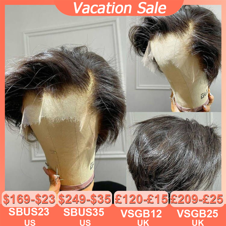 Pelucas cortas tipo pixie 250% de densidad, peluca frontal de encaje HD 13x4, pre-depilada, lisa, de cabello humano, brasileña, con nudos decolorados, para mujer