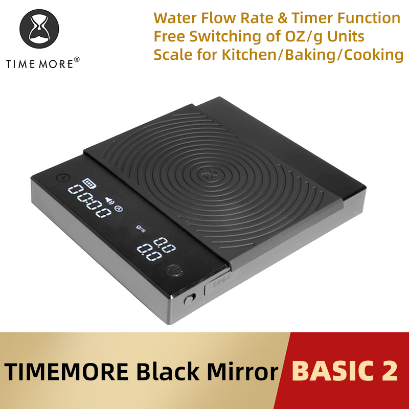 เครื่องชั่งกาแฟ TIMEMORE Basic 2 Black Mirror แบบ Pour Over พร้อมหน้าจอแสดงอัตราการไหล ตัวตั้งเวลาอัตโนมัติ เครื่องชั่งอาหารดิจิตอลสำหรับครัว เครื่องชั่งเอสเพรสโซ 0.1 กรัม/2 กิโลกรัม