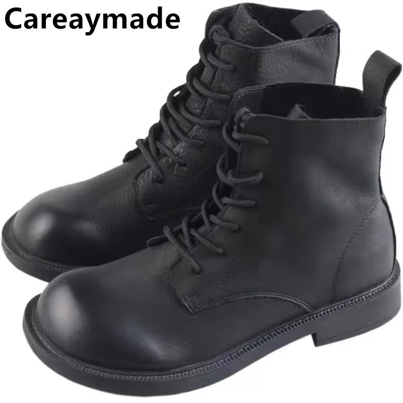 Careaymade-Botas cortas de piel auténtica 100% hechas a mano para mujer, zapatos cálidos de tacón plano y cabeza grande, para ocio