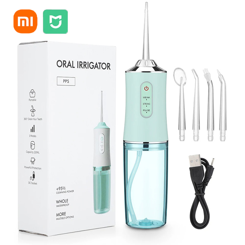 Xiaomi-irrigador bucal portátil, hilo Dental de agua recargable por USB, selección de dientes, 4 puntas de chorro, 220ml, 3 modos, limpiador de dientes
