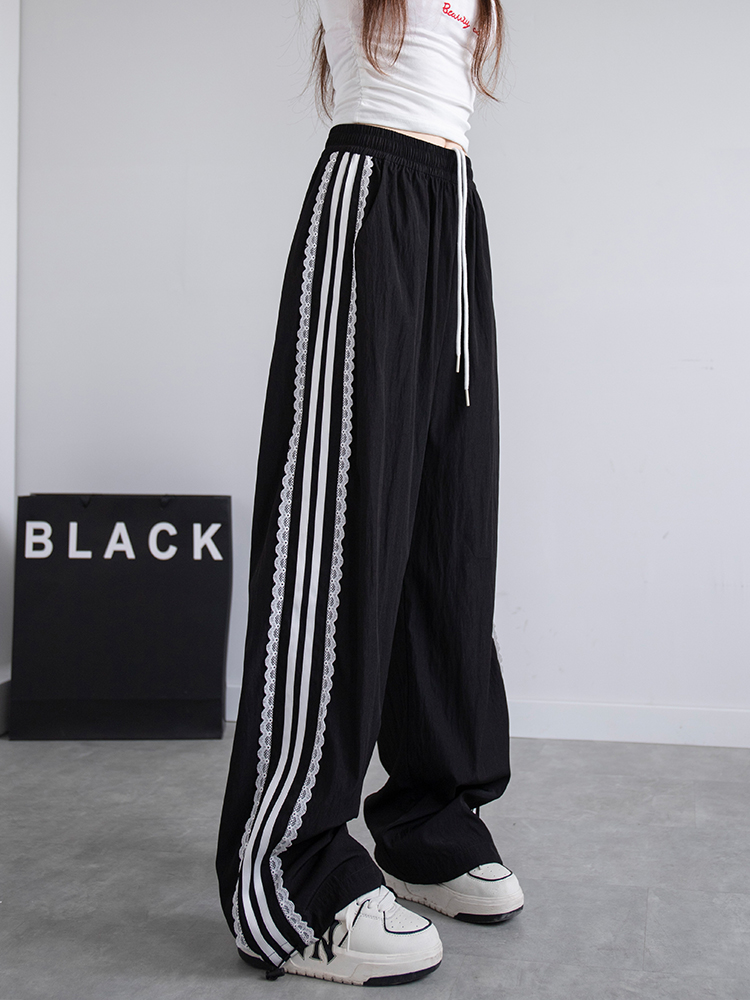 Koreanische Spitzen-Patchwork Damenhose, Seitenstreifen-Webbing Weite Hose, Lässige Baggy Sweatpants, Damen-Hosen-Trend 2026