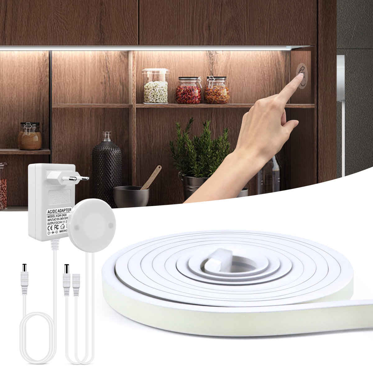 Bande lumineuse LED néon COB haute puissance 220V à 24V, avec interrupteur à capteur tactile pénétrant, prise ue, lampe de cuisine à mouvement ondulé à la main
