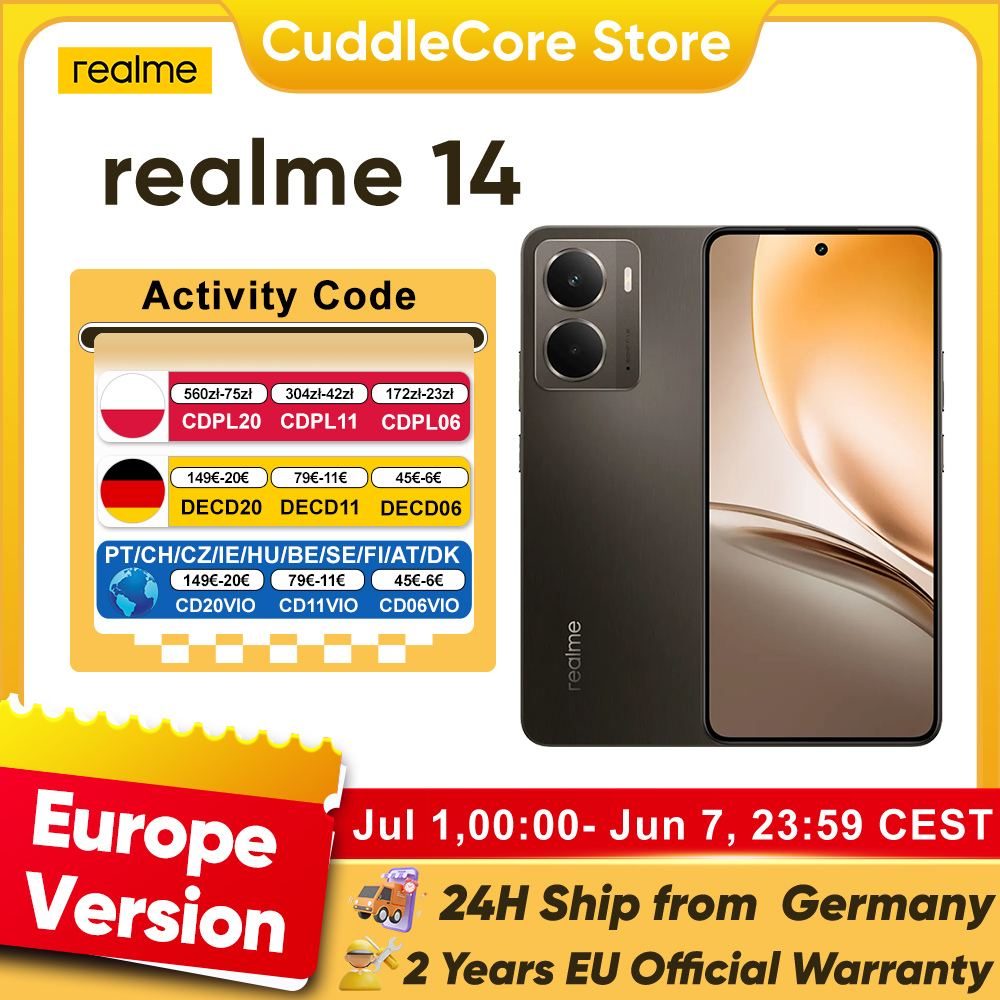 Smartphone realme 14 5G Versione EU Snapdragon 6 Gen 4, batteria Titan 6000 mAh, schermo AMOLED 120Hz, caricabatterie 45W, fotocamera 50 MP
