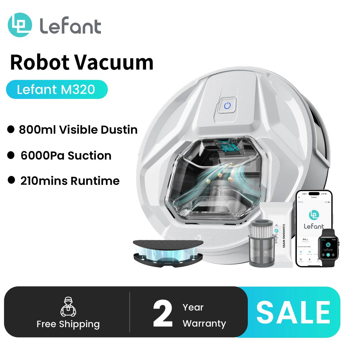 Lefant M320 6000Pa Robot penyedot debu kuat dengan pel, waktu lari 210 menit, tempat sampah terlihat 800ML, deteksi karpet