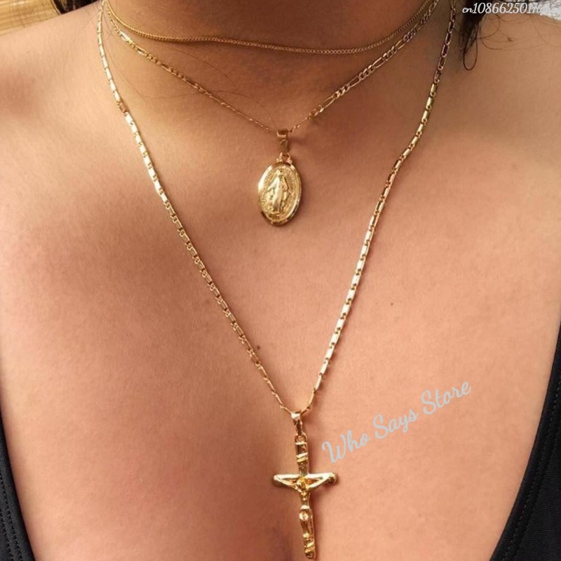 Collar de 3 capas con forma ovalada, colgante de la Virgen María, Madonna, cruz de Jesús, cadena chapada en Metal, regalo para mujer